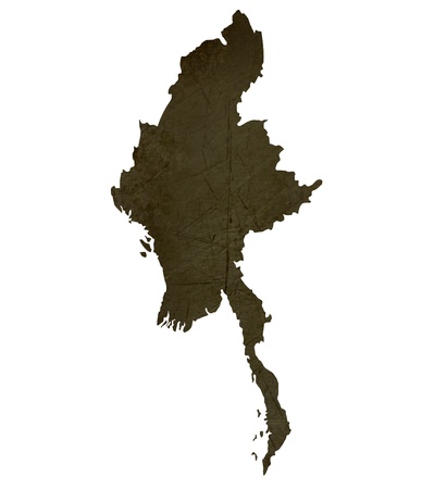 Dark silhouetted and textured map of Burma isolated on white background.の写真素材
