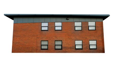 Exterior side view of a modern office building, white background.の写真素材