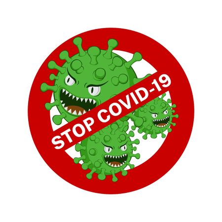 Stop symbol Covid-19 and Corona Virus on white background. Three green viruses are in a red circle. Isolated vector illustration.のイラスト素材