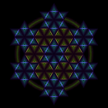 Abstract background template mandala style, triangle shape lines arranged in hexagons and six pointed stars. Editable stroke blend pink, green, blue, purple. Vector illustration.のイラスト素材