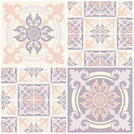 Set seamless decorative pattern, applied Thai art style. Abstract background for cards, banner, brochures, flyers, posters, printing, flooring, walls, wallpaper, website, tiles. Vector illustration.のイラスト素材