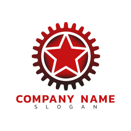 The gear logo has a red star in the middle. For companies industries, technology, businesses or symbol templates. Vector illustration.のイラスト素材