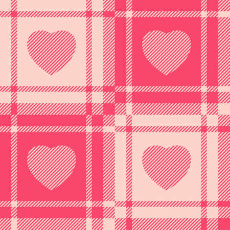 Pink heart shape tartan seamless background. Textured for fabric pattern, tile, book cover, poster, flyer, magazine, packaging, tablecloth, wall. Vector illustration.のイラスト素材
