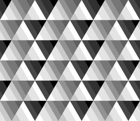 Abstract seamless background. Gradient triangle shape from dark to bright, white, gray, black. Texture design for print, cover, poster, banner, wall, fabric, tile, textile. Vector illustration.のイラスト素材