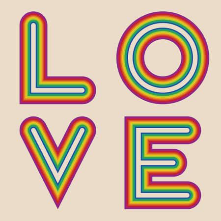 Lettering word love. The edges of the letters are rainbow colored stripes. Colorful retro style. Template design for publication, cover, poster, card, brochure, banner, wall. Vector illustration.のイラスト素材