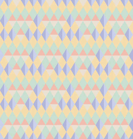 Seamless abstract background pattern. Pastel tones, green, purple, orange, yellow. Geometric, diamond shape, triangle. Texture design for cover, banner, flyer, poster, tile, wall. Vector illustration.のイラスト素材
