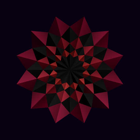Red flower frame pattern on a black background. 3D geometric shapes. Origami mandala style. Element design for publication, cover, card, poster, fabric, flyer, banner, wall. Vector illustration.のイラスト素材