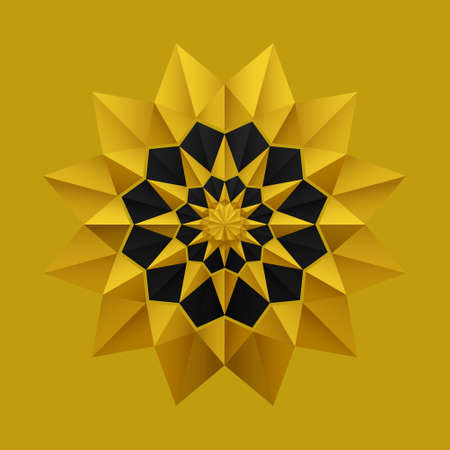 Gold black origami flower pattern mandala style. 3D geometric shapes. Element design for publication, cover, card, poster, fabric, flyer, banner, wall. Vector illustration.のイラスト素材
