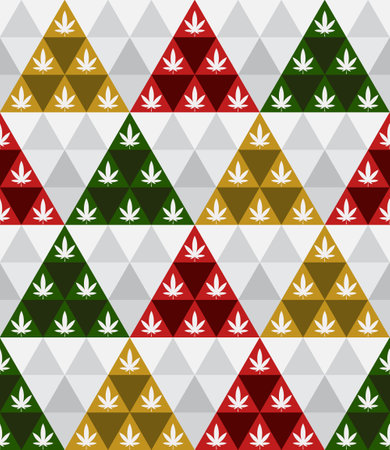 Triangle geometric shapes. Green, red, yellow, white. Seamless christmas marijuana leaf pattern. Texture design for fabric, tile, cover, poster, wall. Vector illustration.のイラスト素材