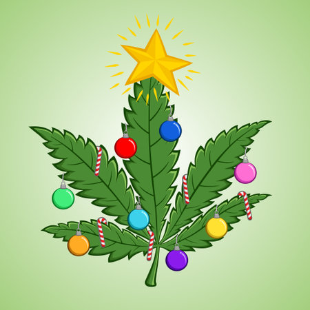 Christmas marijuana leaves. Decorate with colorful christmas decorations. Isolated on a white gradient faded green background. Vector illustration.のイラスト素材