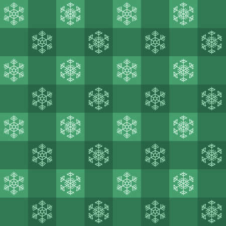 Seamless green tartan background pattern. Abstract shapes with snowflakes arranged alternately. Texture design for fabric, tile, textile, wrapping paper, poster, wall. Vector illustration.のイラスト素材