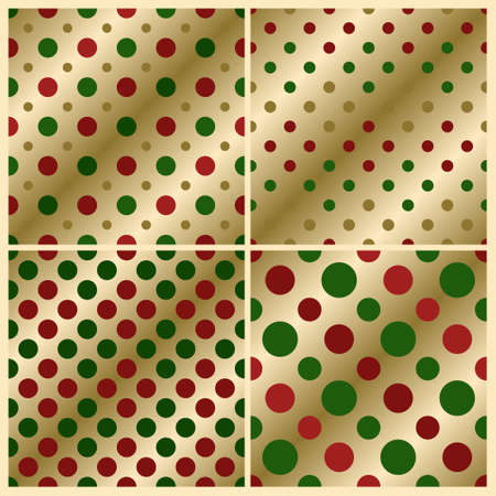 Merry Christmas Wallpaper Set. green and red polka dots Golden background. Abstract circle pattern. Background design for fabric, textile, banner, card, cover, poster, tile, wall. Vector illustration.のイラスト素材