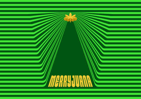 Abstract line illusion background. Merry juana green christmas tree. Golden cannabis leaves. Designs for card, gift wrap, cover, poster, fabric pattern, textile, wall. Vector illustration.のイラスト素材