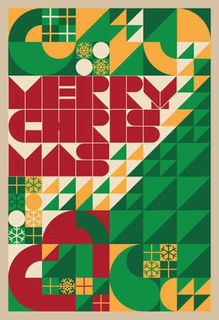 Abstract geometric patterns. Bauhaus style christmas festive poster. Green, red and yellow. Background design for card, cover, banner, backdrop, flyer, brochure, wallpaper, wall. Vector illustration.のイラスト素材