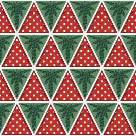 Red christmas tree pattern green cannabis leaves. Triangle geometric seamless abstract background. Texture design for fabric, tile, cover, poster, wall. Vector illustration.のイラスト素材