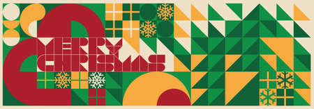 Bauhaus style christmas festive banner. Abstract geometric patterns. Green, red and yellow. Background design for card, cover, poster, backdrop, flyer, brochure, wallpaper, wall. Vector illustration.のイラスト素材