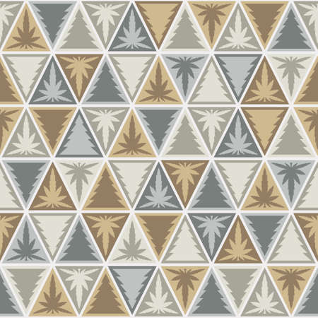 Christmas tree pattern and marijuana leaves. Gray and brown triangle geometric shapes. Seamless...