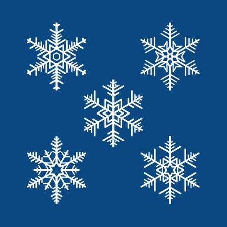 Set of five white snowflake icons collection. Dark blue abstract background. Element design for   symbol, banner, card, cover, poster, tile, wall. Vector illustration.のイラスト素材