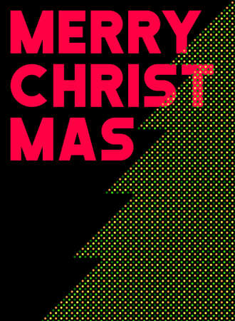 Red typography merry christmas poster. Christmas tree pattern with polka dot style. Green, yellow and orange. Background design for card, cover, banner, backdrop, flyer, wall. Vector illustration.のイラスト素材