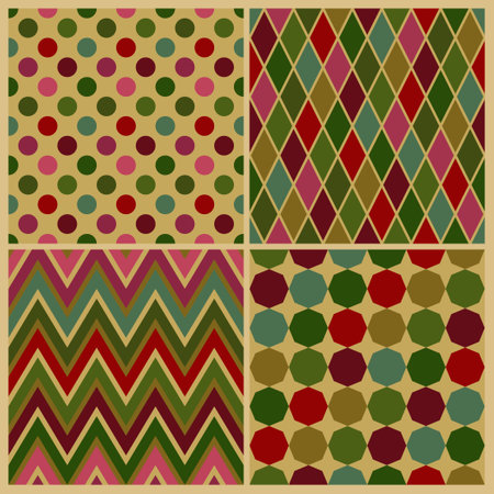 Merry christmas background pattern set. Seamless abstract geometric shapes. Retro color style. Background design for fabric, textile, banner, card, cover, poster, tile, wall. Vector illustration.のイラスト素材