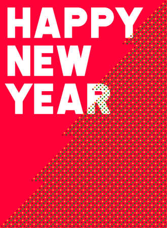 White typography happy new year poster. Christmas tree pattern with polka dot style. Green, red and orange. Background design for card, cover, banner, backdrop, flyer, wall. Vector illustration.のイラスト素材