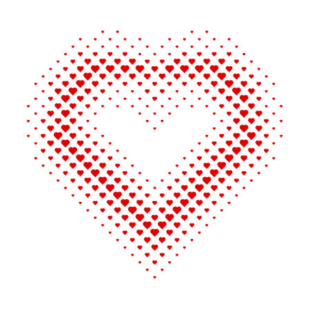 Heart shape halftone dot. Red hearts pattern white background. Design elements for fabric, tile, banner, template, card, poster, backdrop, wall. Vector illustration.のイラスト素材