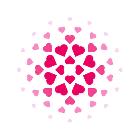Pink gradient heart-shaped circle pattern. White background. Design elements for banner, fabric,...