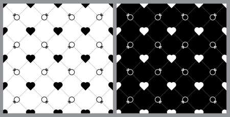 Seamless background pattern. Black and white diamond ring heart mesh fence. Texture design for fabric, tile, banner, template, card, poster, backdrop, wall. Vector illustration.のイラスト素材