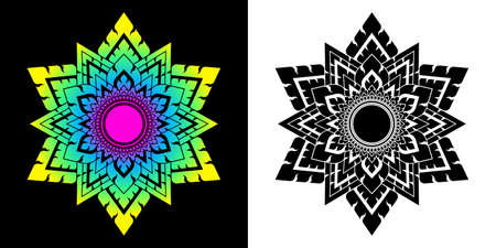 Mandala pattern in applied thai art style. Geometric shapes, hexagram and circles. Set of white, black and gradient colors. Design texture elements for card, cover, poster, wall. Vector illustration.のイラスト素材