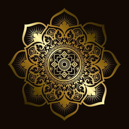Mandala pattern applied in Thai art style with golden gradient. Dark black background. Vector illustration.のイラスト素材