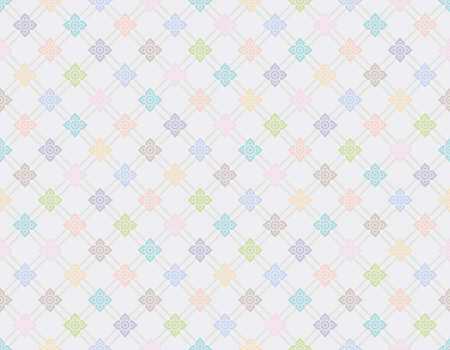 Seamless modern Thai art pattern. Square shape in pastel colors. Gray lines on a white background. Vector illustration.のイラスト素材