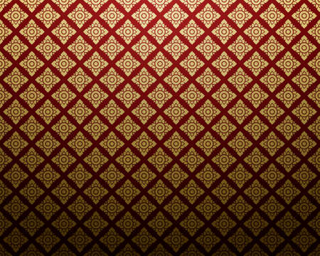 Damask-style Thai art pattern. Luxurious gold square shape with red background. Vector illustration.のイラスト素材