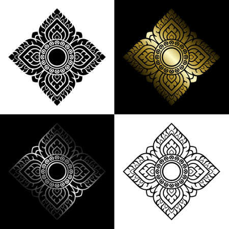 Traditional Thai art pattern set. Prajam Yam. Solid black and line art decorative design elements. Gradient gold and silver. Vector illustration.のイラスト素材