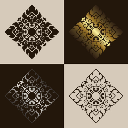 Traditional Thai art pattern set. Prajam Yam. Solid dark brown and line art decorative design elements. Gradient gold and silver. Vector illustration.のイラスト素材