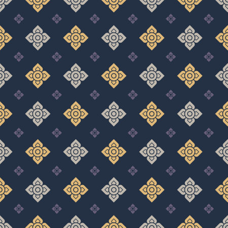 Seamless modern thai art pattern. Large and small square flowers. Dark background. Vector illustration.のイラスト素材