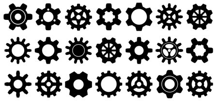 Collection of mechanical cogwheels. 21 small and large gears. Black silhouette sprocket icon design element. White background. Vector illustration.のイラスト素材