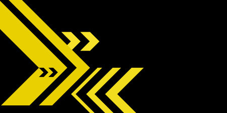 Dark black abstract background. Yellow arrowhead right-angled triangle. Design element for template,...