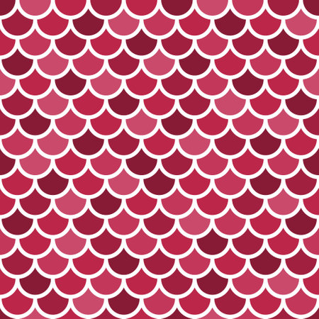 Red and white fish scales pattern. Seamless background. Trend color of the year 2023 Viva Magenta. Design texture elements for banners, covers, posters, backdrops, walls. Vector illustration.のイラスト素材