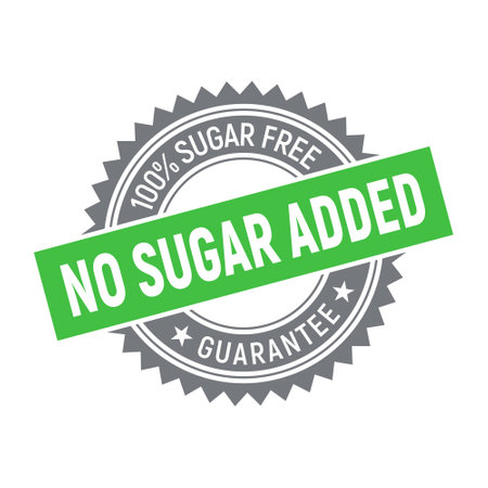 Badge no sugar added. Gray and green 100% sugar-free rubber stamp. Design elements for labels, stickers, banners, posters for food and health business. Vector illustration.のイラスト素材