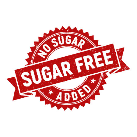 Red sugar-free grunge ribbon rubber stamp. Badge no sugar added. Design elements for labels, stickers, banners, posters for food and health business. Vector illustration.のイラスト素材