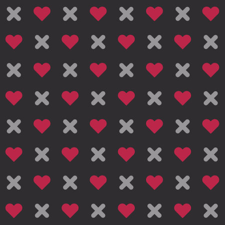 Red heart shape and gray cross. Seamless black background pattern. Texture design for fabric, tile, banner, template, card, poster, backdrop, wall. Vector illustration.のイラスト素材