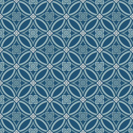 Contemporary Thai art pattern, seamless modern style. Light blue square petals are in a circle. Dark blue background. Vector illustration.のイラスト素材