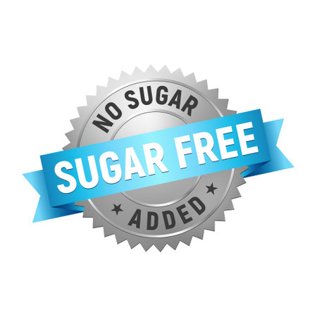 Silver and blue ribbon badge sugar free. Rubber stamp no sugar added. Design elements for labels, stickers, banners, posters for food and health business. Vector illustration.のイラスト素材
