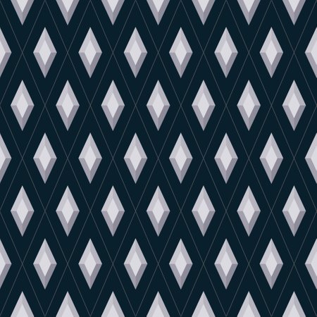 Dark abstract background, silver diamond 3D shapes. Seamless rhombus geometric pattern. Texture...