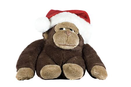 A toy gorilla wearing a santa hat isolated on whiteの写真素材