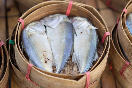 Three Mackerel in basket, I'm found them in fresh market.の写真素材