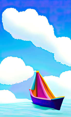 The illustration of the boat on the sky with cloud backgroundの写真素材