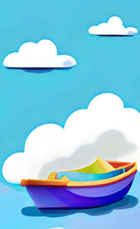 The illustration of the boat on the sky with cloud backgroundの写真素材