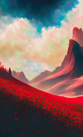 The illustration of flower garden and mountain backgroundの写真素材