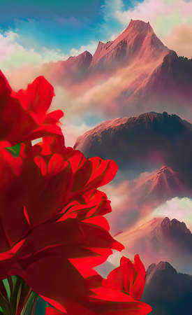 The illustration of flower garden and mountain backgroundの写真素材